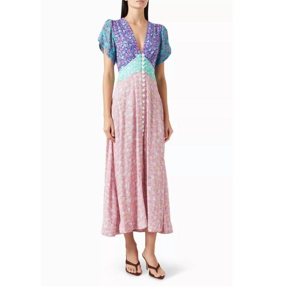 RIXO Novara Patchwork Floral Midi Dress Shell Pansy Mix Pink Blue XL US 12 NWOT